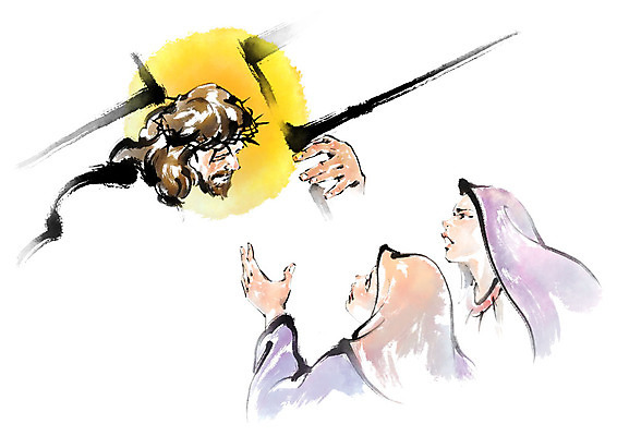 PSD 여자 남자 기독교 종교 십자가 일러스트 캘리그라피 붓터치 사람 상반신 성인 세명 슬픔 예수 괴로움 번짐 마리아 후광 가시면류관 안타까움 성인만 국내일러스트 감정 종교용품 빛 신_종교 파일형식 효과