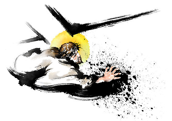 PSD 남자 기독교 종교 십자가 일러스트 캘리그라피 붓터치 한명 사람 상반신 성인 예수 괴로움 번짐 후광 가시면류관 성인남자한명만 국내일러스트 1 감정 종교용품 빛 신_종교 남자한명만 성인남자만 파일형식 효과