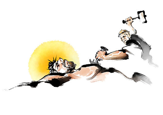 PSD 남자 기독교 종교 십자가 일러스트 캘리그라피 붓터치 사람 상반신 성인 두명 못 예수 망치 괴로움 번짐 후광 가시면류관 성인남자만 국내일러스트 감정 종교용품 빛 공구 신_종교 남자만 성인만 파일형식 효과