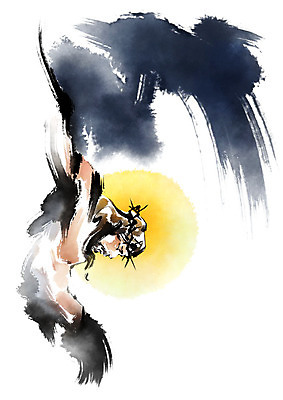 PSD 남자 기독교 종교 십자가 일러스트 캘리그라피 붓터치 매달리기 한명 사람 상반신 성인 눈감음 죽음 예수 번짐 후광 가시면류관 성인남자한명만 국내일러스트 1 종교용품 모션 빛 신_종교 남자한명만 성인남자만 파일형식 효과