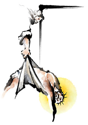 PSD 남자 기독교 종교 일러스트 캘리그라피 붓터치 사람 상반신 성인 두명 죽음 잡기 예수 당기기 번짐 후광 가시면류관 성인남자만 국내일러스트 종교용품 모션 빛 신_종교 남자만 성인만 파일형식 효과