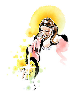 PSD 응시 남자 기독교 종교 일러스트 캘리그라피 붓터치 부활절 손바닥 한명 사람 상반신 성인 예수 번짐 부활 후광 성인남자한명만 국내일러스트 1 손 시선 기념일 빛 신_종교 남자한명만 성인남자만 파일형식 효과