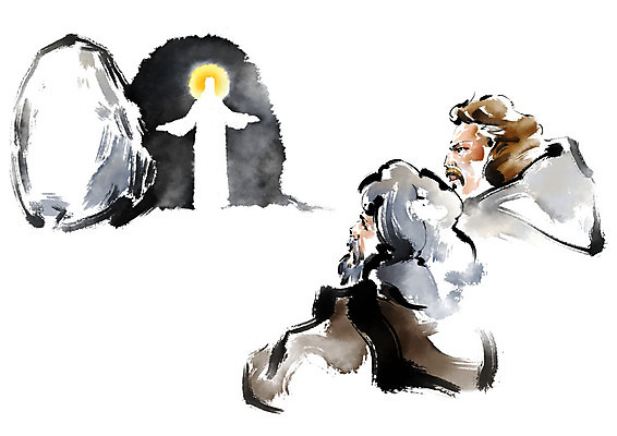 PSD 남자 실루엣 기독교 종교 일러스트 캘리그라피 붓터치 부활절 사람 상반신 성인 두명 놀람 예수 번짐 부활 후광 돌문 성인남자만 국내일러스트 기념일 감정 촬영기법 표정 빛 문 신_종교 남자만 성인만 파일형식 효과