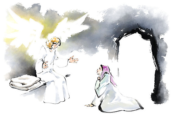 전신 PSD 여자 기독교 종교 일러스트 캘리그라피 붓터치 천사 미소 사람 앉기 성인 두명 마주보기 동굴 번짐 마리아 성인여자만 국내일러스트 모션 표정 여자만 성인만 파일형식 효과