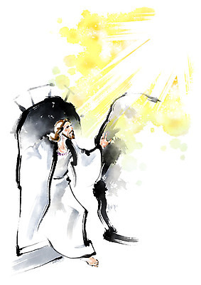 전신 PSD 남자 기독교 종교 일러스트 캘리그라피 붓터치 부활절 한명 사람 성인 예수 번짐 부활 후광 돌문 성인남자한명만 국내일러스트 1 기념일 빛 문 신_종교 남자한명만 성인남자만 파일형식 효과