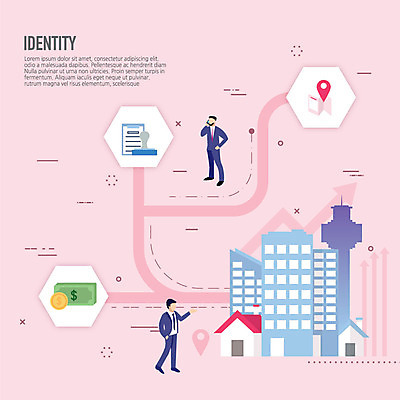 남자 분홍색 지도 지폐 일러스트 주택 빌딩 성인 두명 건물 도장 달러 탑 동전 비즈니스맨 신분 위치 서류통 신원 정체 성인남자만 국내일러스트 AI파일 건축물 컬러 돈 비즈니스 사람 사무용품 직장인 남자만 성인만 파일형식 벡터