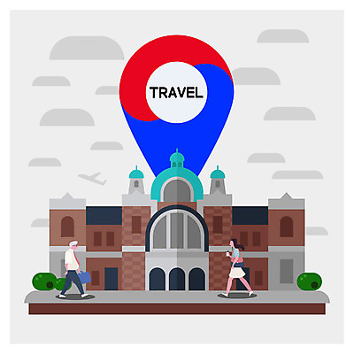 전신 여자 노년 남자 여행 일러스트 거리 서울 사람 성인 두명 건물 마주보기 걷기 태극 국내여행 서울역 국내일러스트 AI파일 문양 건축물 모션 한국 전철역 파일형식 벡터