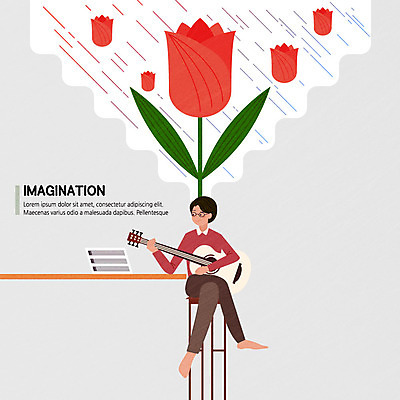 전신 여자 꽃 연주 의자 일러스트 상상 탁자 한명 미소 사람 앉기 성인 빨간색 튤립 기타 악보 성인여자한명만 국내일러스트 AI파일 식물 1 음악 컬러 가구 모션 현악기 표정 여자한명만 성인여자만 파일형식 벡터
