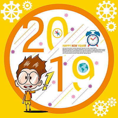 전신 학생 교육 남자 어린이 일러스트 한명 사람 노란색 주황색 자명종 우승 톱니바퀴 해피뉴이어 소년한명만 2019년 국내일러스트 AI파일 1 시계 컬러 알람 새해인사 최고 연도 남자한명만 소년만 파일형식 벡터