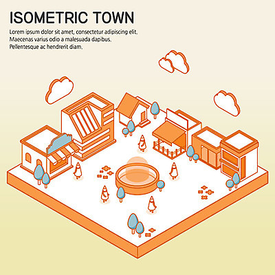 나무 구름 공원 일러스트 빌딩 사람없음 건물 상점 주황색 도시 분수대 타운 아이소메트릭 국내일러스트 AI파일 자연요소 식물 건축물 공공시설 컬러 파일형식 벡터