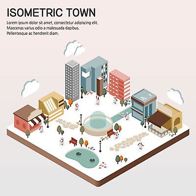 나무 공원 호수 벤치 일러스트 빌딩 사람없음 건물 상점 도시 분수대 타운 아이소메트릭 국내일러스트 AI파일 식물 건축물 공공시설 의자 파일형식 벡터