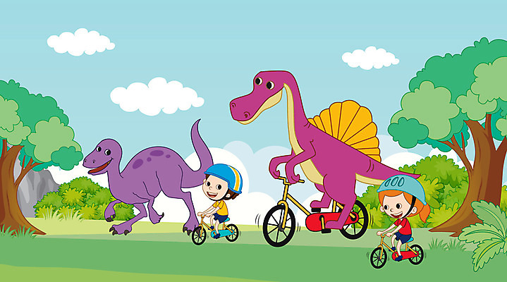 전신 나무 여자 남자 어린이 두마리 일러스트 안전 사람 잔디 초원 두명 자전거 승차 헬멧 즐거움 공룡 풀숲 어린이만 국내일러스트 AI파일 식물 감정 2 파충류 모션 바이크 숲 보호장비 파일형식 벡터