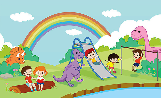 전신 여자 남자 호수 어린이 무지개 일러스트 자연 매달리기 세마리 사람 잔디 초원 여러명 책 독서 미끄럼틀 즐거움 공룡 풀숲 철봉 놀기 어린이만 국내일러스트 AI파일 자연요소 식물 감정 다수 파충류 모션 3 놀이기구 숲 생태계 파일형식 벡터