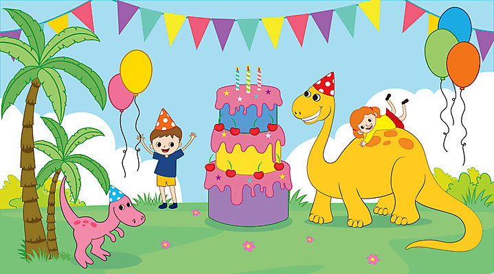 전신 여자 남자 어린이 두마리 일러스트 매달리기 사람 잔디 초원 두명 야자수 고깔모자 생일파티 생일 즐거움 공룡 풍선 가랜드 어린이만 국내일러스트 AI파일 나무 식물 모자_잡화 기념일 감정 2 파충류 모션 파티용품 파일형식 벡터