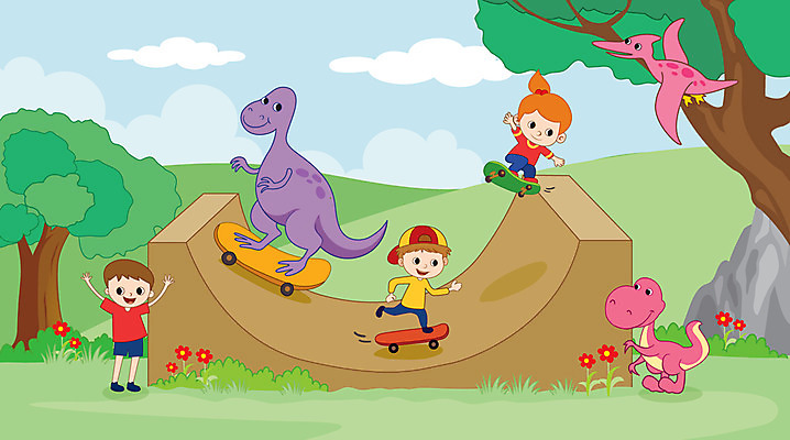 전신 나무 여자 남자 어린이 일러스트 팔벌리기 세마리 사람 잔디 초원 세명 바위 스케이트보드 보드 익스트림스포츠 언덕 즐거움 공룡 익룡 어린이만 국내일러스트 AI파일 식물 감정 스포츠 파충류 모션 3 돌_바위 보드_스포츠 파일형식 벡터