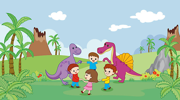 전신 여자 남자 어린이 두마리 일러스트 미소 사람 잔디 초원 여러명 야자수 손잡기 바위 언덕 즐거움 공룡 화산 놀기 어린이만 국내일러스트 AI파일 나무 식물 감정 다수 2 파충류 모션 산 표정 돌_바위 파일형식 벡터