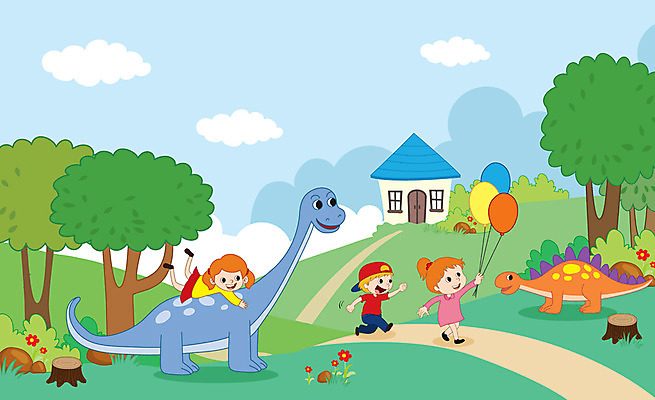 전신 나무 여자 남자 어린이 두마리 일러스트 주택 사람 잔디 초원 세명 언덕 즐거움 공룡 풍선 놀기 어린이만 국내일러스트 AI파일 식물 감정 2 파충류 모션 건물 파일형식 벡터