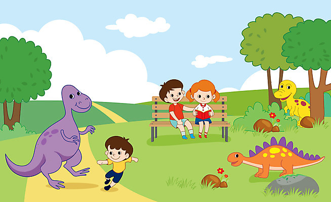 전신 나무 여자 남자 어린이 벤치 일러스트 세마리 미소 사람 초원 책 세명 독서 언덕 즐거움 공룡 놀기 어린이만 국내일러스트 AI파일 식물 감정 의자 파충류 모션 표정 3 파일형식 벡터