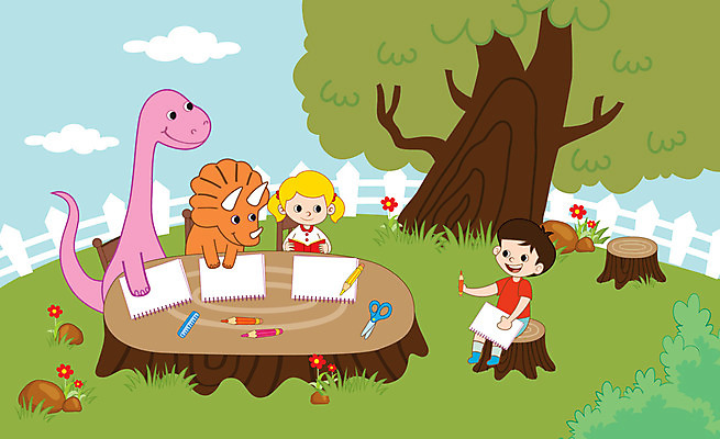 전신 나무 여자 남자 어린이 두마리 일러스트 색연필 가위 미소 사람 잔디 초원 상반신 두명 독서 그리기 스케치북 언덕 즐거움 공룡 나무밑둥 어린이만 국내일러스트 AI파일 식물 감정 2 파충류 모션 문구용품 학용품 표정 파일형식 벡터