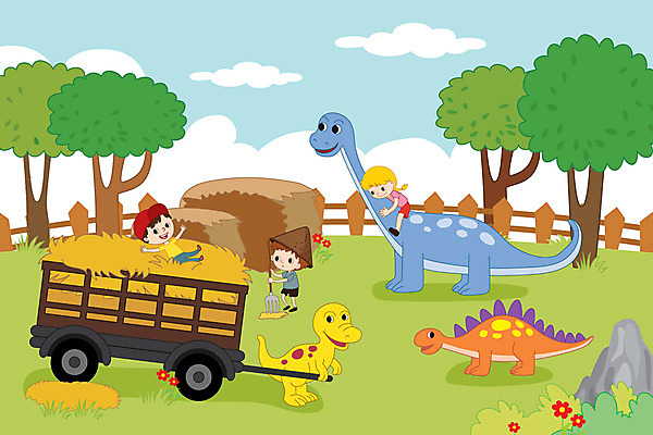 전신 나무 여자 남자 어린이 일러스트 세마리 사람 잔디 초원 세명 울타리 수레 볏짚 승차 즐거움 공룡 괭이 수레끌기 어린이만 국내일러스트 AI파일 식물 감정 파충류 모션 3 담장 카트 당기기 짚 파일형식 벡터