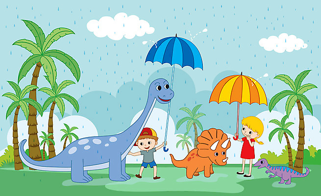 전신 여자 남자 어린이 일러스트 우산 세마리 미소 사람 초원 두명 야자수 비 즐거움 공룡 웅덩이 어린이만 국내일러스트 AI파일 자연요소 나무 감정 파충류 날씨 표정 3 파일형식 벡터