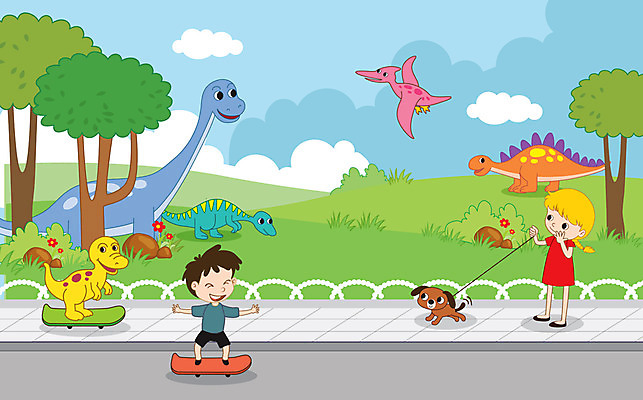 전신 나무 한마리 여자 남자 도로 어린이 여러마리 일러스트 미소 사람 잔디 초원 두명 울타리 산책 보드 강아지 즐거움 공룡 익룡 어린이만 국내일러스트 AI파일 식물 1 감정 길 스포츠 다수 교통시설 파충류 휴식 표정 담장 반려동물 개 파일형식 벡터