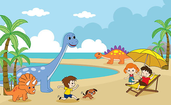 전신 한마리 여자 남자 어린이 바다 여러마리 일러스트 사람 해변 세명 야자수 눕기 달리기 파라솔 강아지 공룡 선베드 어린이만 국내일러스트 AI파일 나무 1 다수 의자 파충류 모션 반려동물 개 파일형식 벡터