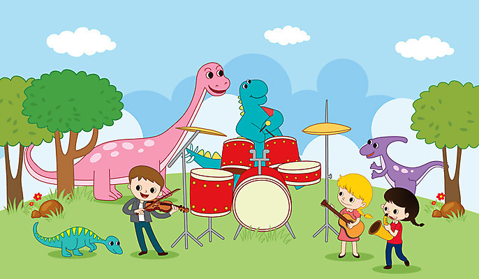 전신 나무 여자 남자 어린이 음악 연주 일러스트 사람 초원 세명 기타 바이올린 즐거움 공룡 드럼 트럼펫 음악회 연주회 어린이만 국내일러스트 AI파일 식물 감정 파충류 현악기 문화예술 타악기 공연 금관악기 파일형식 벡터