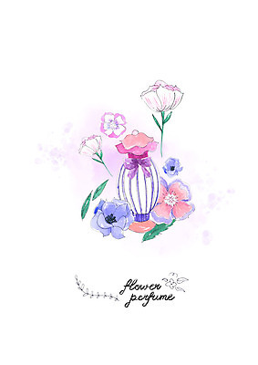 PSD 꽃 리본 분홍색 일러스트 수채화 사람없음 뷰티 보라색 미용용품 향수 번짐 국내일러스트 식물 컬러 화장품 오브젝트 파일형식 효과