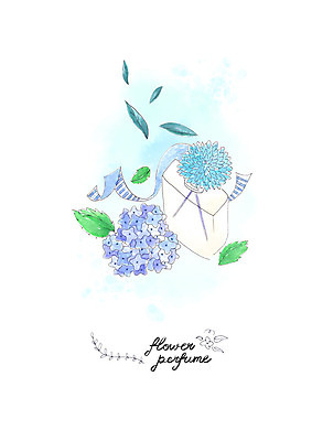 PSD 꽃 하늘색 일러스트 나뭇잎 수채화 사람없음 뷰티 보라색 미용용품 향수 번짐 수국 국내일러스트 식물 컬러 잎 파란색 화장품 오브젝트 파일형식 효과