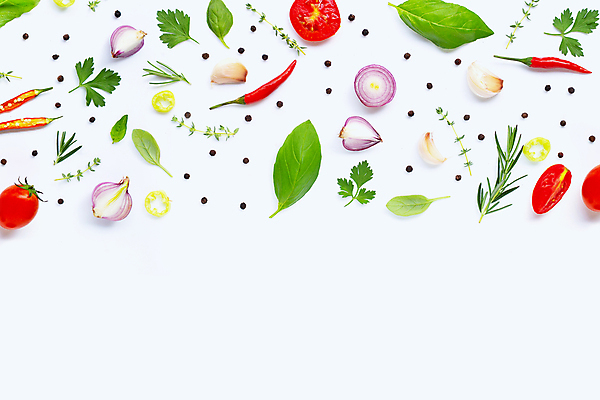 포토 JPG 해외이미지 백그라운드 채소 식재료 방울토마토 고추 단면 실내 마늘 사람없음 신선 흰배경 후추 바질 카피스페이스 해외포토 토마토 내부 공백 흰색 향신료 파일형식 이미지허브