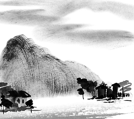 JPG 해외이미지 나무 일러스트 붓터치 산 수묵화 사람없음 건물 검은색 동양화 번짐 해외일러스트 식물 건축물 컬러 미술 파일형식 효과 이미지허브