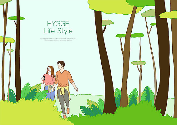 전신 PSD 나무 라이프스타일 커플 여자 남자 행복 여유 일러스트 휴식 미소 사람 성인 두명 산책 숲 힐링 성인만 휘게라이프 소확행 국내일러스트 식물 감정 컨셉 관계 표정 생활 신조어 파일형식