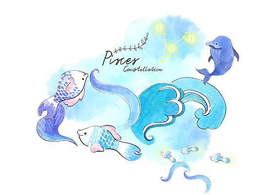 PSD 파도 여러마리 일러스트 수채화 어류 사람없음 파란색 별자리 돌고래 별자리캐릭터 번짐 물고기자리 국내일러스트 일러캐릭터 캐릭터 바다 컬러 다수 포유류 수중동물 파일형식 효과
