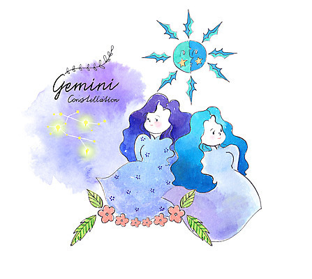 PSD 여자 꽃 일러스트 수채화 사람 두명 태양 보라색 별자리 쌍둥이 별자리캐릭터 번짐 쌍둥이자리 국내일러스트 일러캐릭터 자연요소 식물 캐릭터 컬러 가족 파일형식 효과