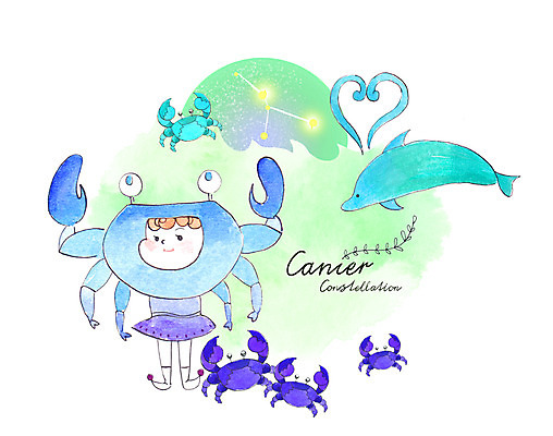 PSD 일러스트 수채화 한명 사람 파란색 별자리 게 하트 고래 별자리캐릭터 번짐 게자리 국내일러스트 일러캐릭터 모양 캐릭터 1 컬러 포유류 갑각류 수중동물 파일형식 효과