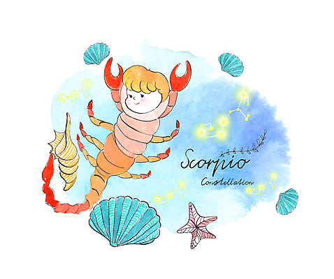 PSD 일러스트 조개 수채화 불가사리 한명 사람 컬러풀 별자리 소라 전갈 별자리캐릭터 번짐 전갈자리 국내일러스트 일러캐릭터 캐릭터 1 컬러 절지류 어패류 극피동물 파일형식 효과