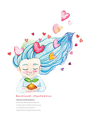 PSD 여자 어린이 일러스트 수채화 따뜻함 사랑 한명 미소 들기 사람 상반신 머리카락 새싹 눈감음 흙 하트 감성 소녀한명만 국내일러스트 모양 식물 1 감정 컨셉 모션 표정 머리 여자한명만 소녀만 파일형식