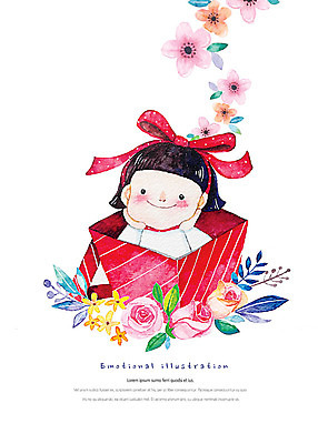 PSD 여자 꽃 행복 리본 어린이 일러스트 포장 수채화 따뜻함 선물 한명 사람 상반신 상자 감성 소녀한명만 국내일러스트 식물 1 감정 컨셉 여자한명만 소녀만 파일형식