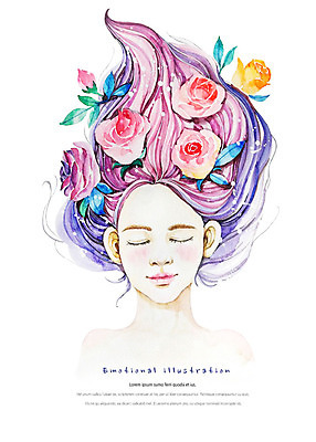 PSD 여자 꽃 행복 얼굴 일러스트 수채화 따뜻함 한명 사람 상반신 성인 신체부위 머리카락 눈감음 편안함 감성 성인여자한명만 국내일러스트 식물 1 감정 컨셉 모션 머리 감각 여자한명만 성인여자만 파일형식