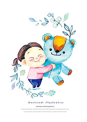 전신 PSD 여자 행복 어린이 일러스트 안기 나뭇잎 수채화 따뜻함 한명 미소 웃음 들기 사람 곰인형 감성 소녀한명만 국내일러스트 1 감정 인형 컨셉 잎 모션 표정 여자한명만 소녀만 파일형식