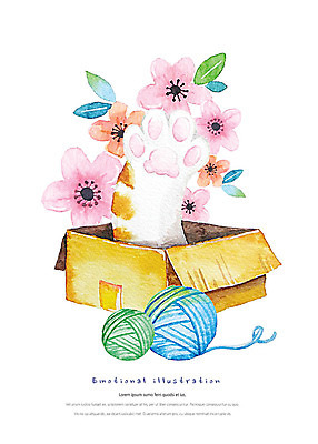 PSD 한마리 꽃 일러스트 발 수채화 따뜻함 사람없음 신체부위 상자 귀여움 고양이 털실 감성 국내일러스트 식물 1 컨셉 포유류 사람 반려동물 실 파일형식