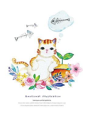 PSD 한마리 꽃 일러스트 상상 수채화 따뜻함 사람없음 상자 새싹 귀여움 고양이 감성 생선가시 국내일러스트 식물 1 컨셉 포유류 반려동물 파일형식