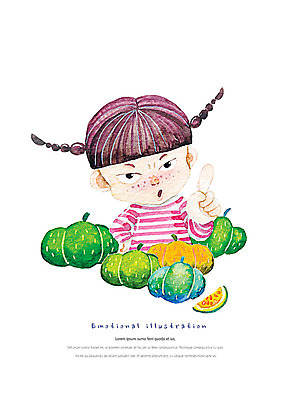 PSD 여자 어린이 일러스트 손가락 수채화 따뜻함 한명 사람 상반신 귀여움 가리킴 감성 단호박 소녀한명만 국내일러스트 1 손 컨셉 호박 손짓 여자한명만 소녀만 파일형식