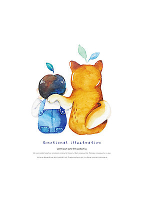 PSD 한마리 남자 행복 어린이 일러스트 어깨동무 나뭇잎 수채화 따뜻함 한명 사람 상반신 귀여움 강아지 감성 위로 소년한명만 시바견 국내일러스트 1 감정 포즈 컨셉 잎 반려동물 개 남자한명만 소년만 파일형식