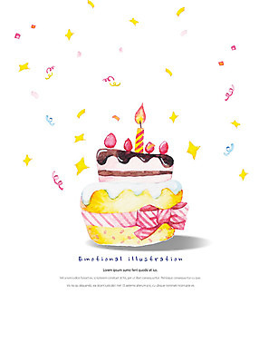 PSD 행복 리본 일러스트 초 촛불 수채화 폭죽 따뜻함 사람없음 케이크 축하 달콤 감성 국내일러스트 감정 컨셉 디저트 맛 파일형식