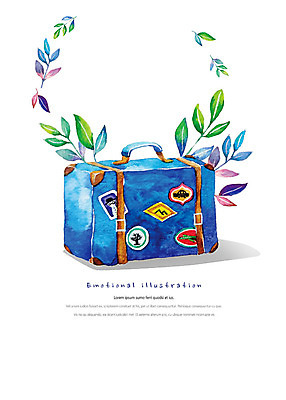 PSD 행복 여행 가방 일러스트 나뭇잎 수채화 따뜻함 사람없음 캐리어 배지 감성 설렘 국내일러스트 잡화 감정 컨셉 잎 여행가방 파일형식