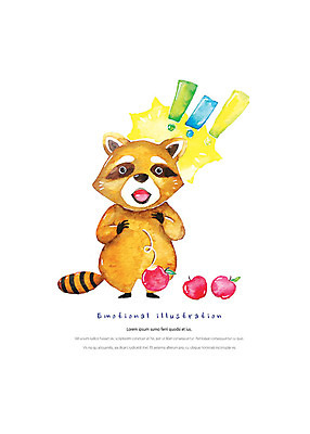 PSD 한마리 일러스트 수채화 따뜻함 사람없음 놀람 떨어짐 느낌표 사과 감성 너구리 당황 국내일러스트 1 기호 감정 컨셉 과일 포유류 표정 파일형식