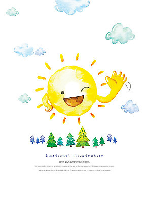 PSD 나무 구름 행복 일러스트 수채화 따뜻함 미소 사람없음 태양 인사 손인사 감성 손흔들기 국내일러스트 자연요소 식물 감정 컨셉 모션 표정 예절 파일형식