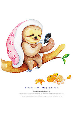 PSD 나무 한마리 행복 잎 겨울 일러스트 휴식 수채화 귤 따뜻함 미소 앉기 사람없음 스마트폰 이불 편안함 감성 나무늘보 국내일러스트 식물 동물 1 계절 감정 컨셉 과일 침구 모션 표정 핸드폰 스마트기기 감각 파일형식